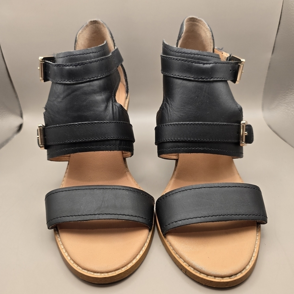 H&M Genuine Leather Sandal 3 Inch Block Heel Open Toe Adjustable Strap Black 7. - Picture 2 of 11